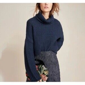 THE ODELLS Anthropologie Sweater Turtleneck Navy Blue Chunky Knit S